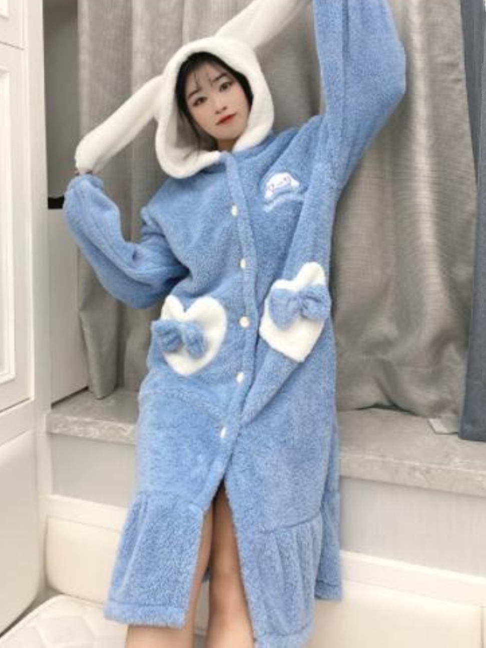 秋冬肥厚大耳犬ローブ女性ロングヘアフランネルシナモン犬ローブハートポケットパジャマネグリジェ