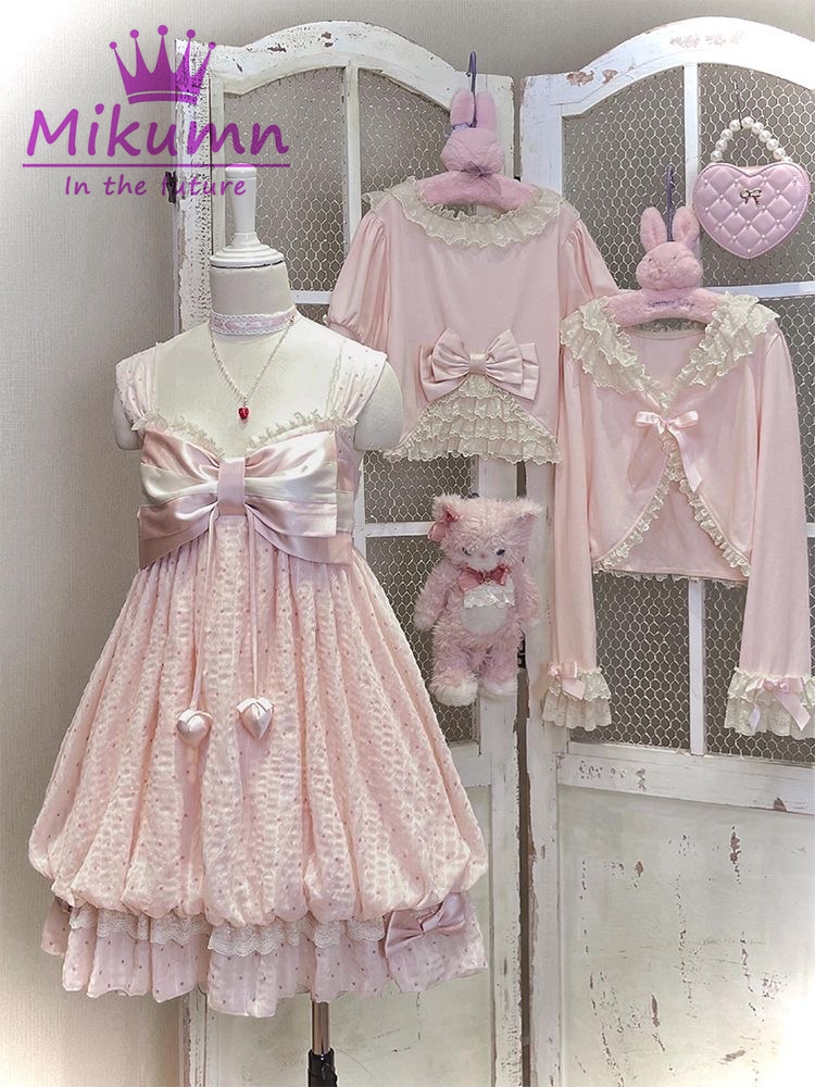 日本のロリータスタイルかわいいドレスセット女性甘い弓レースカーディガン Sleevelss フリルミニドレス原宿かわいい Y2k 衣装