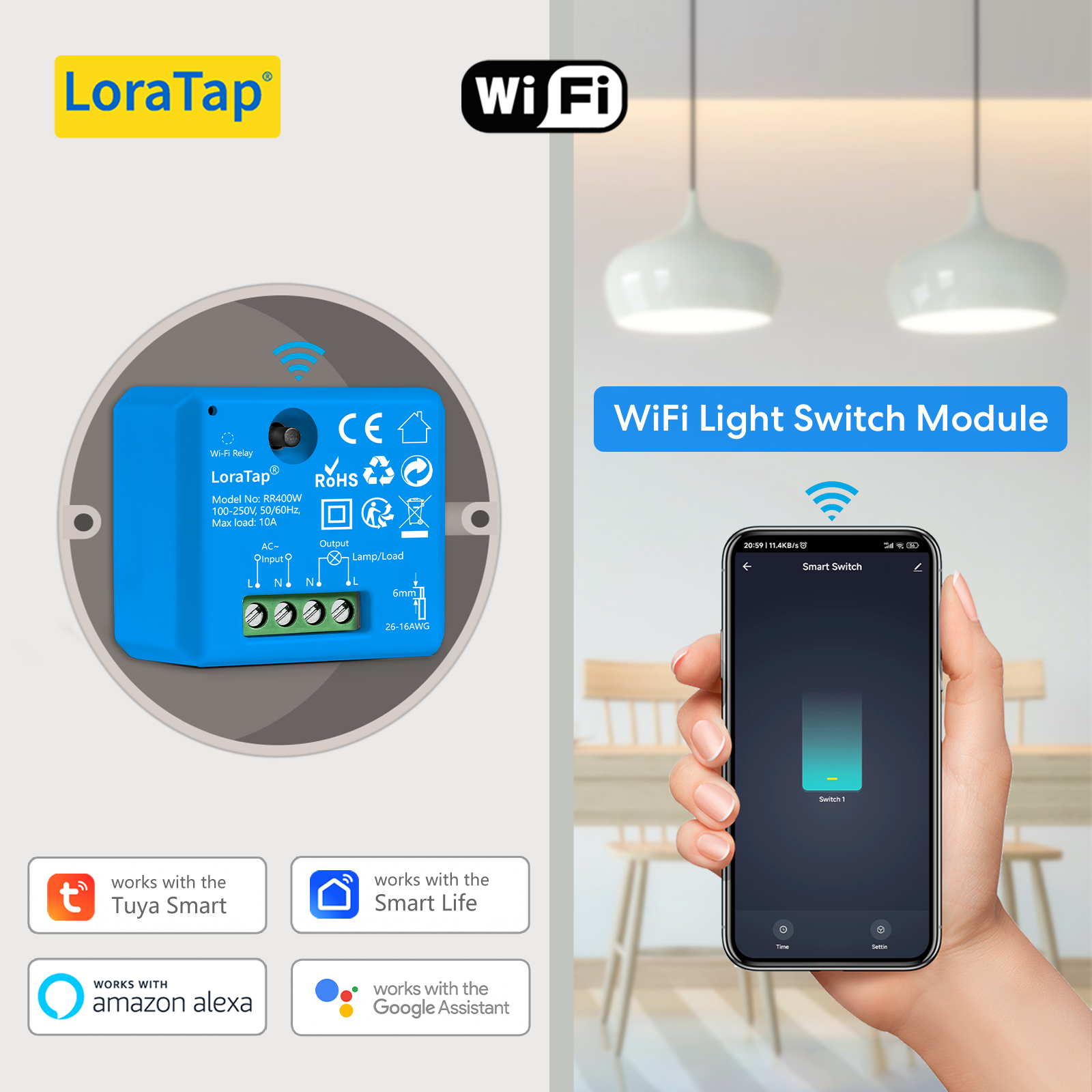 LoraTap Tuya Smart Life 10A ワイヤレス スイッチ ソケット リレー モジュール リモコン タイマー Google Home Alexa 経由の音声制御