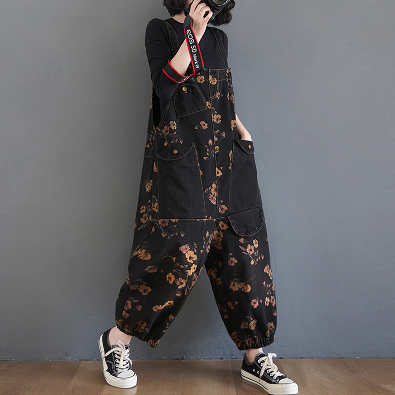 ヴィンテージプリント花デニムジャンプスーツ女性ルーズワイドレッグだぶだぶストラップカーゴパンツストリートビッグサイズ黒ジーンズオーバーオールファム