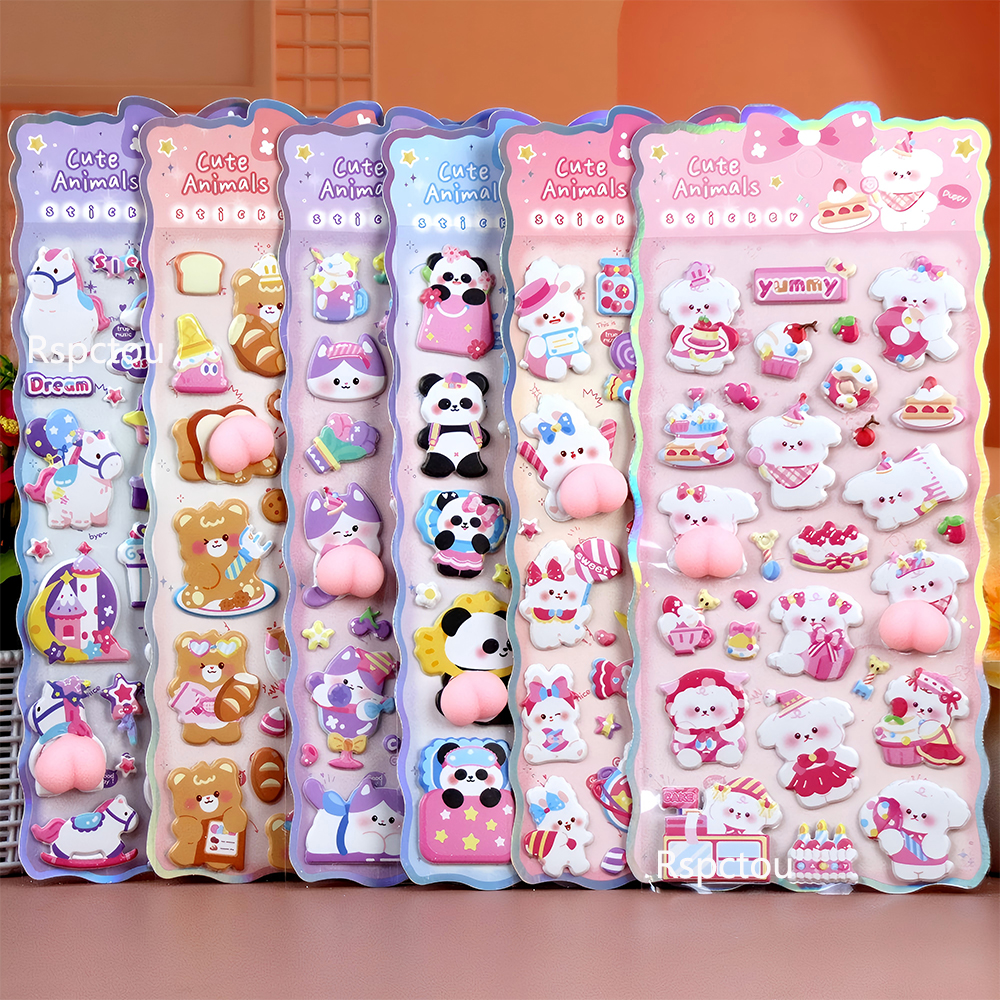 6 個おかしいかわいい動物ソフト 3D ハッピーつままれたお尻ステッカーパンダウサギバブルデカール電話装飾ステッカー解凍おもちゃ