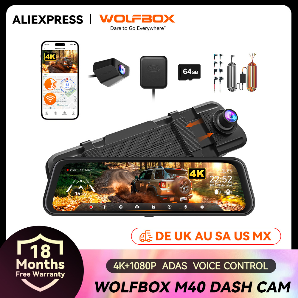 WOLFBOX M40 ダッシュカム 4K 1080P 音声コントロール ADAS 内蔵 5GHZ WI-FI および GPS ビデオレコーダー フロントおよびリアダッシュカメラ
