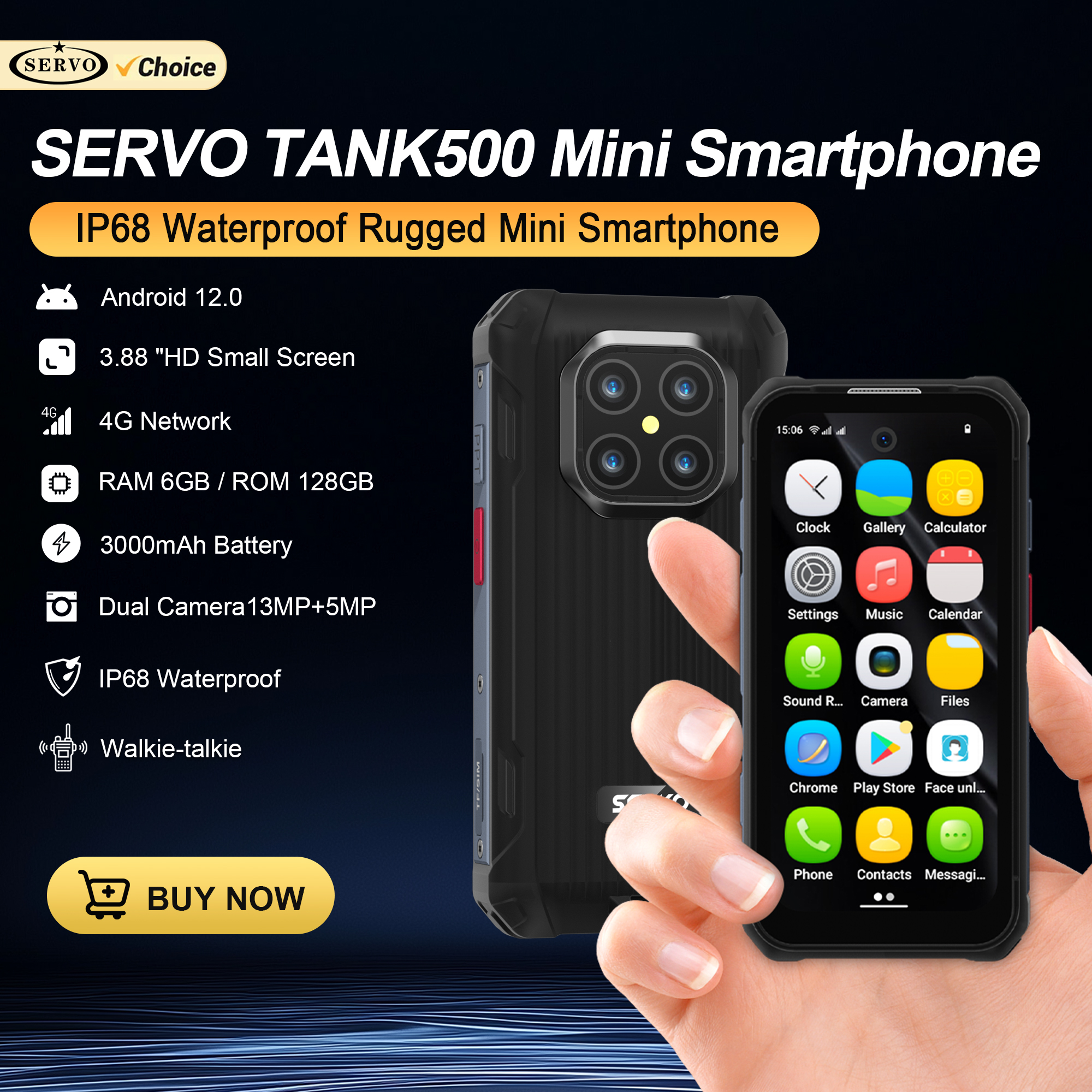 サーボタンク500 IP68防水ミニスマートフォン4G LTE Android12 OS 6GB 128GB 13MPカメラフェイスアンロック3.88インチ小型頑丈な携帯電話