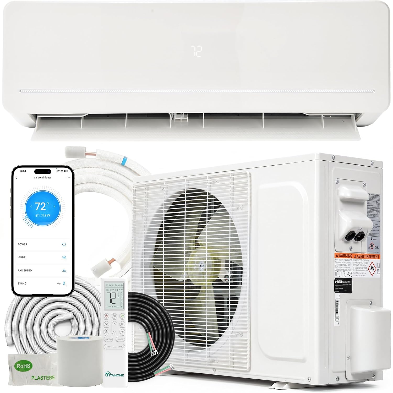 12000 BTU ミニスプリット AC/暖房システム、ダクトレスミニスプリットエアコンヒートポンプ、230V 20 SEER2 エネルギー、カスタマイズ