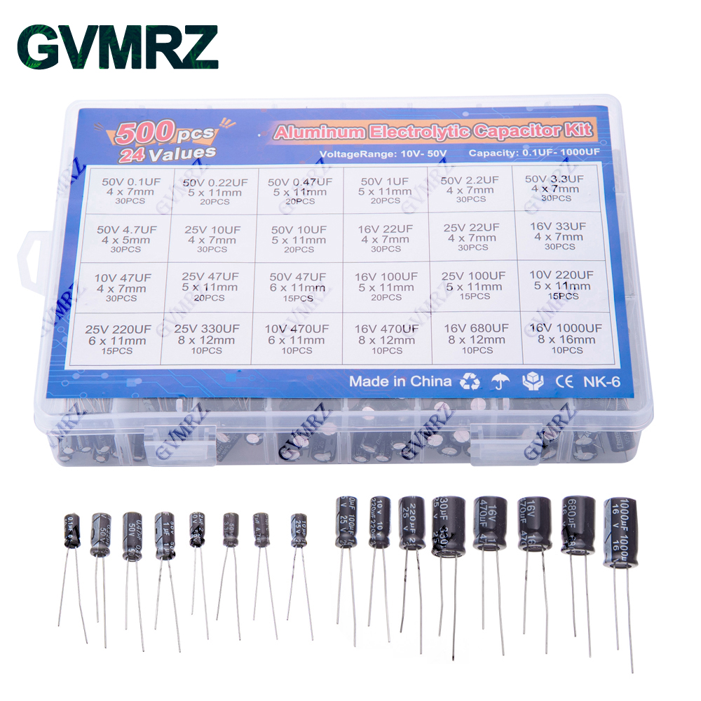 500 ピース/ロット 0.1UF-1000UF 24 値アルミ電解コンデンサ 16-50V ミックス電解コンデンサ各種キットと収納ボックス