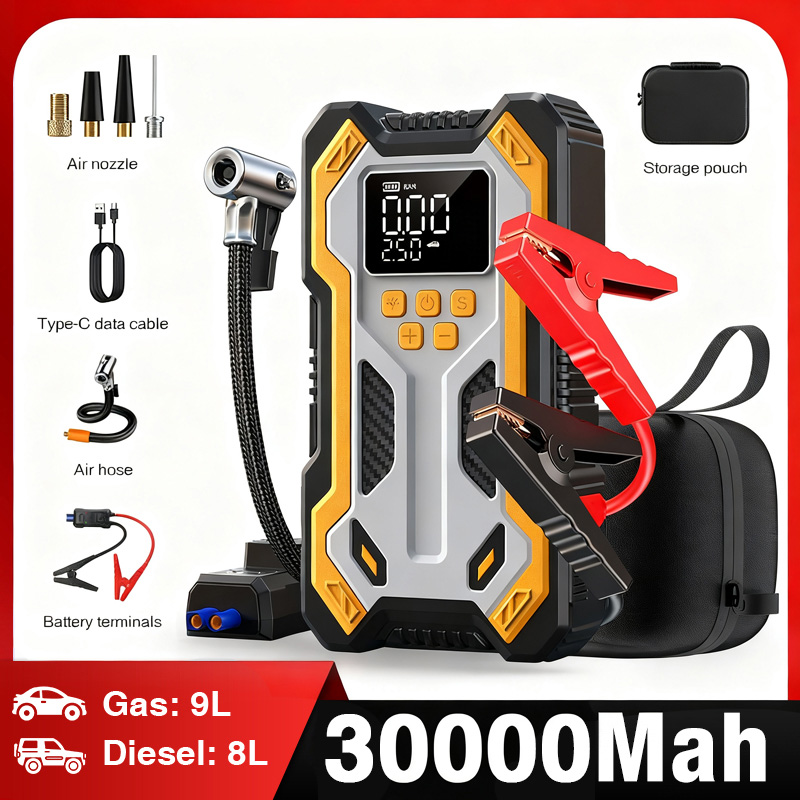 エアコンプレッサー付きジャンプスターター 7000A ポータブルカーバッテリーブースター (9.0 ガス/6.5L ディーゼル) 160PSI 自動シャットオフタイヤインフレーター付き