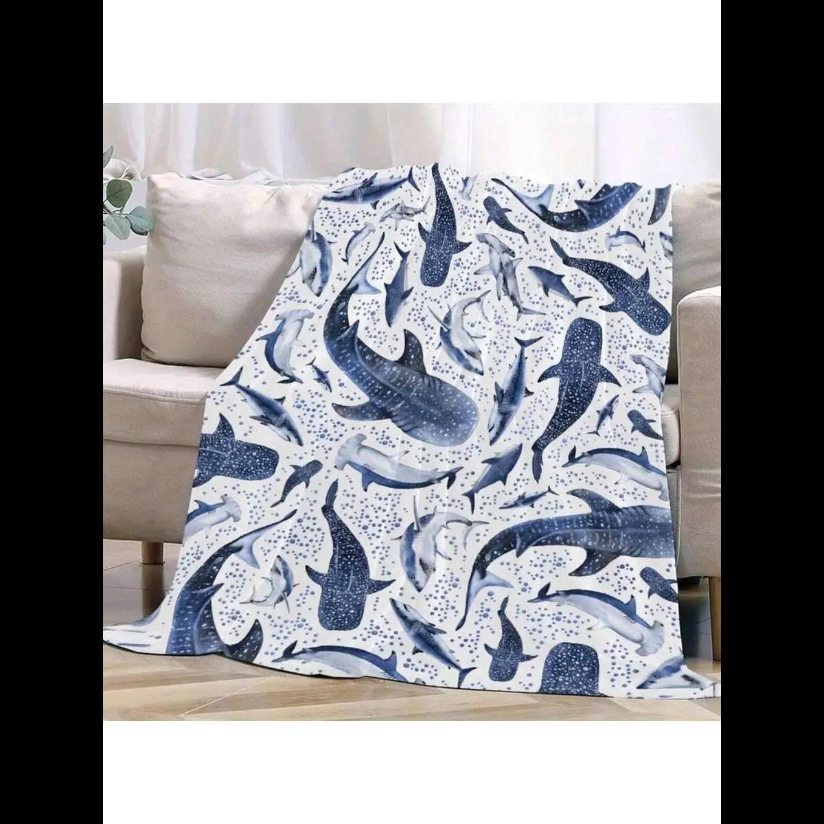 居心地の良いオーシャンシャークフランネルスローブランケットシロナガスクジラプリントソフト暖かい軽量ベッドソファ洗濯機洗い可能