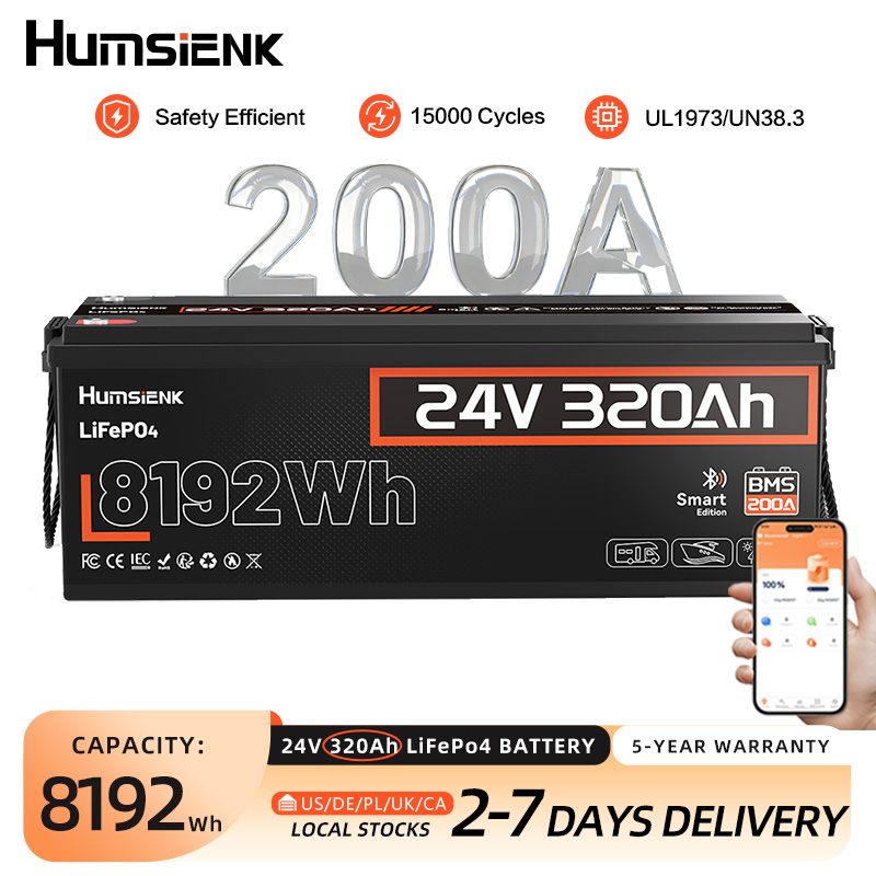 Humsiek 24V 320Ah LiFePO4 バッテリー、容量 8192Wh、Bluetooth 内蔵