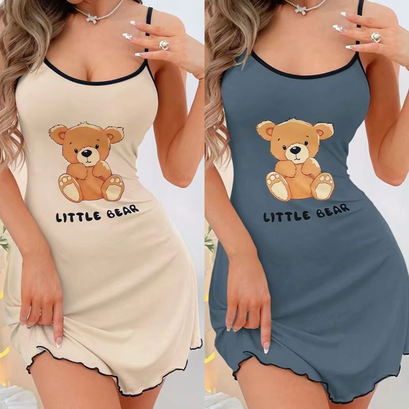 レディースかわいいクマのプリントキャミネグリジェスパゲッティストラップ睡眠ドレスミニレタス裾コントラストトリムラウンジウェア Y2K スタイル
