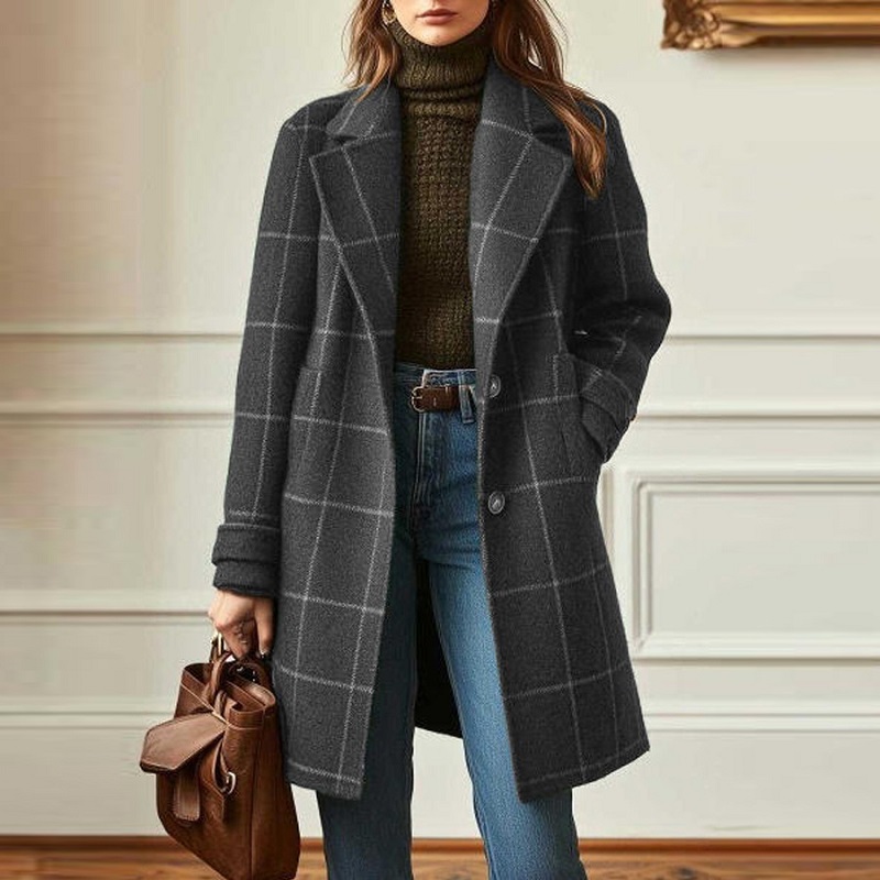New Fashion Women's Wool Checkered Windproof Jacket Retro Style Medium to Long Collar Windbreaker Coat Classic Single breasted V