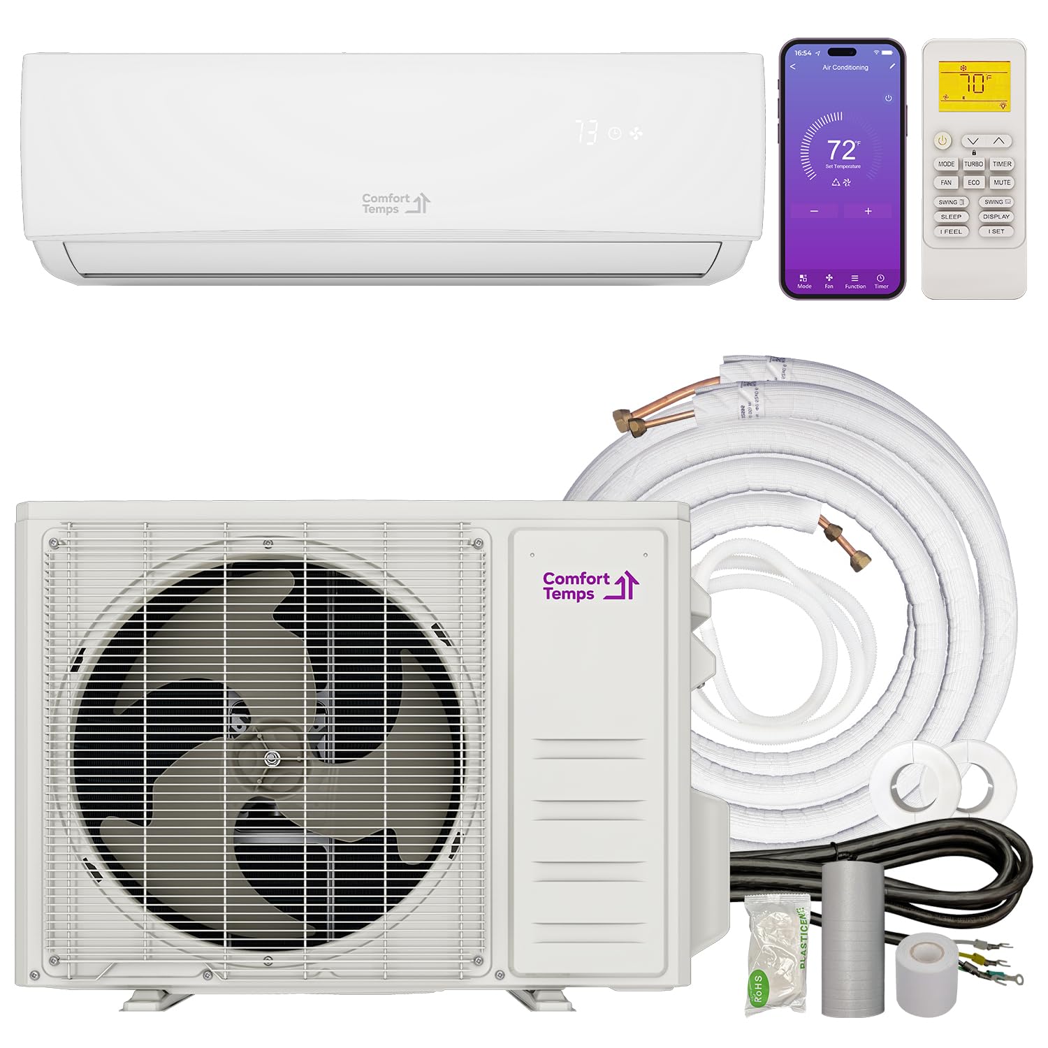 省エネ 18000 BTU / 230V ミニ スプリット AC/暖房システム – 21 SEER、充電済み、静か