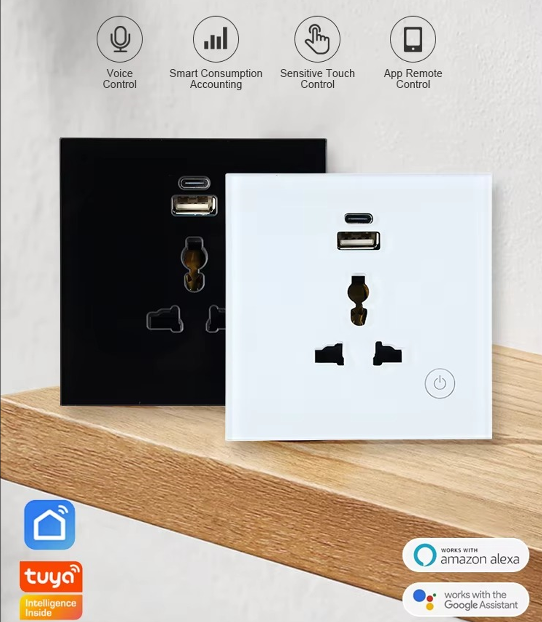 Alexa Google Voice スマートホーム Tuya WIFI 制御 USB ポート付き壁コンセント ユニバーサル電気プラグ電源 米国/英国スマートスイッチ