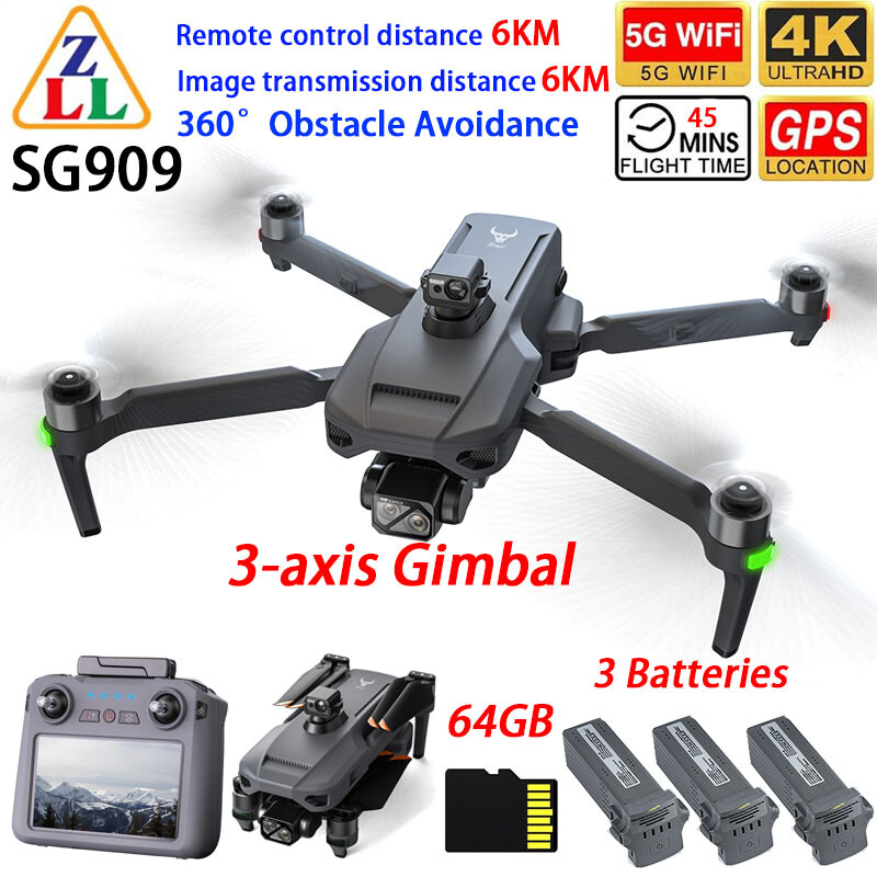 ZLL SG909 プロフェッショナルドローン 5.5インチ スクリーンコントロール GPS 5G WIFI 6KM FPV 3軸ジンバル 4Kカメラ 360°障害物回避クアッドコプター