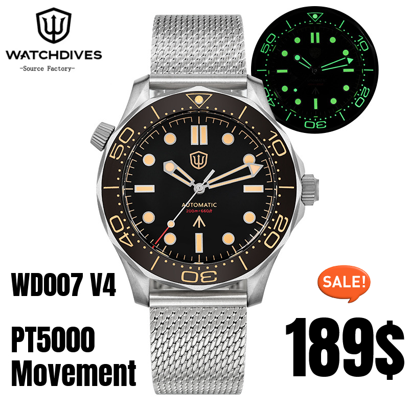 Watchdives WD007 V4 42 ミリメートル腕時計 PT5000 自動巻きチタン NTTD 腕時計ドーム型サファイアクリスタル C3 超夜光時計