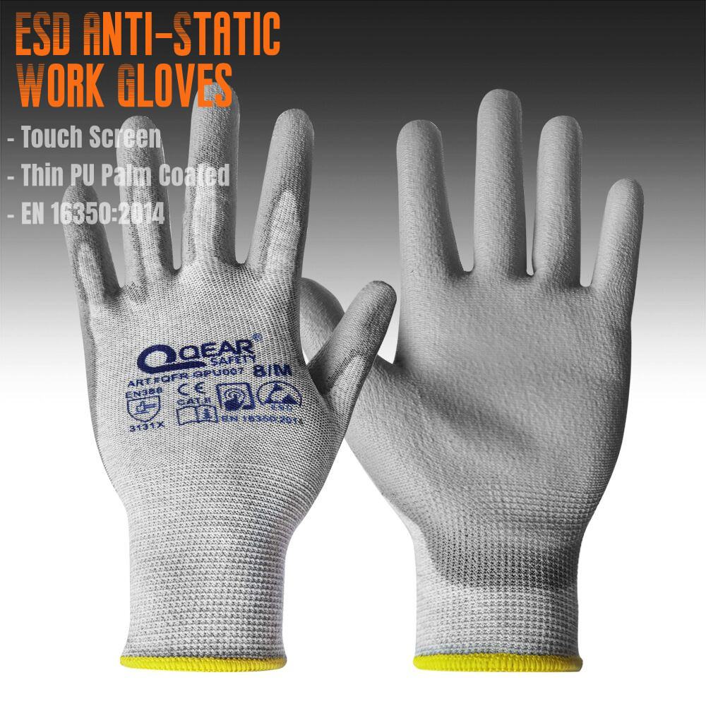 QEARSAFETY ESD 帯電防止作業安全手袋 タッチスクリーン 薄型 PU 軽量、通気性、グリップ、12 組パック