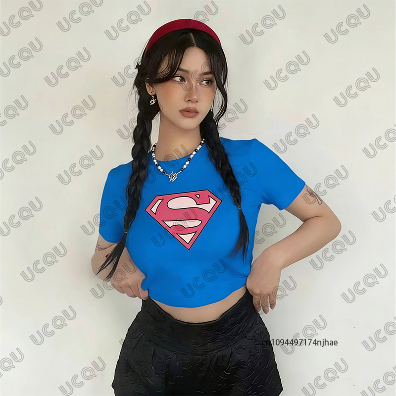 夏ニュークラシックスーパーマンプリント Tシャツ女性のための半袖クロップトップストリート高品質 Tシャツヴィンテージカジュアル Y2k トップス