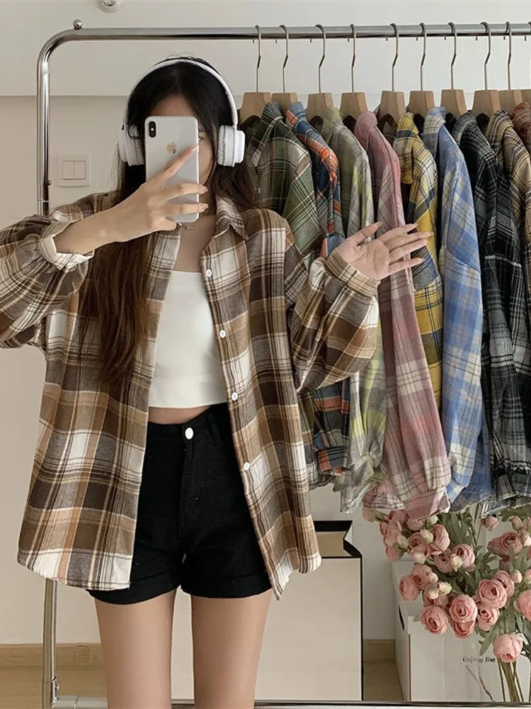 チェック柄シャツ女性秋長袖トップ女性ヴィンテージファッションシングルブレストブラウスレディースプレッピースタイルルーズチェックシャツ