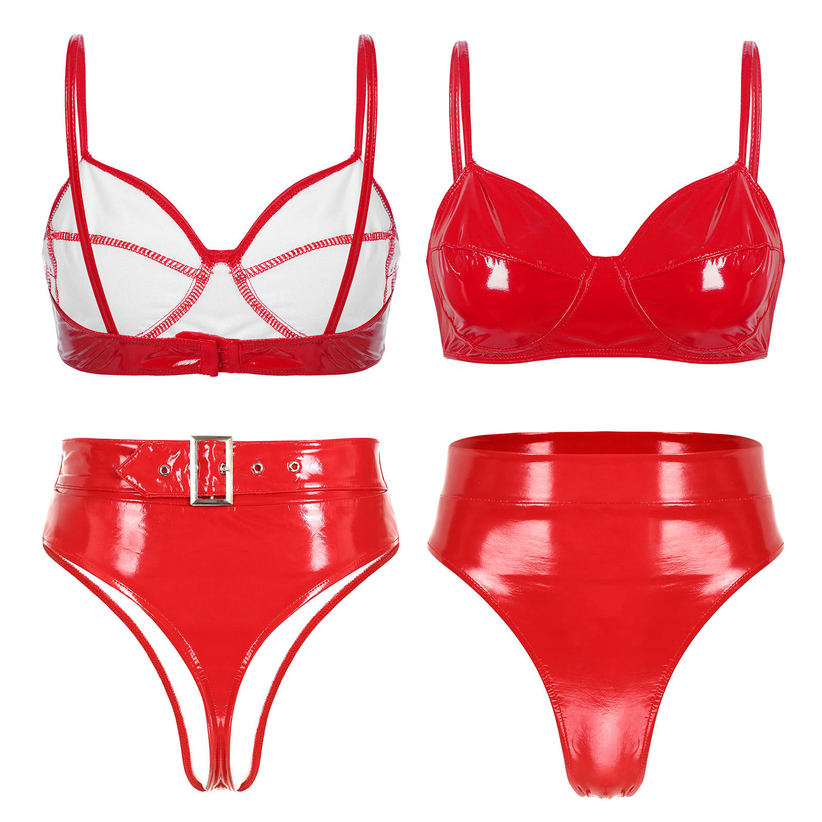 Women Patent Leather Bra Top with Briefs Set High Waist Sexy Bikini Beachwear Full Cup Bra T-back Thong for Daily Casual Wear
