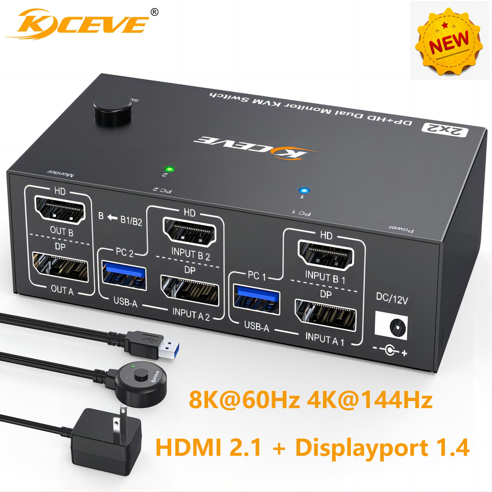 4K@144Hz KVMスイッチ モニター2台 コンピュータ2台 8K@60Hz、HDMIディスプレイポートデュアルモニター、キーボードマウスプリンター用USB 3.0ポート4個付き