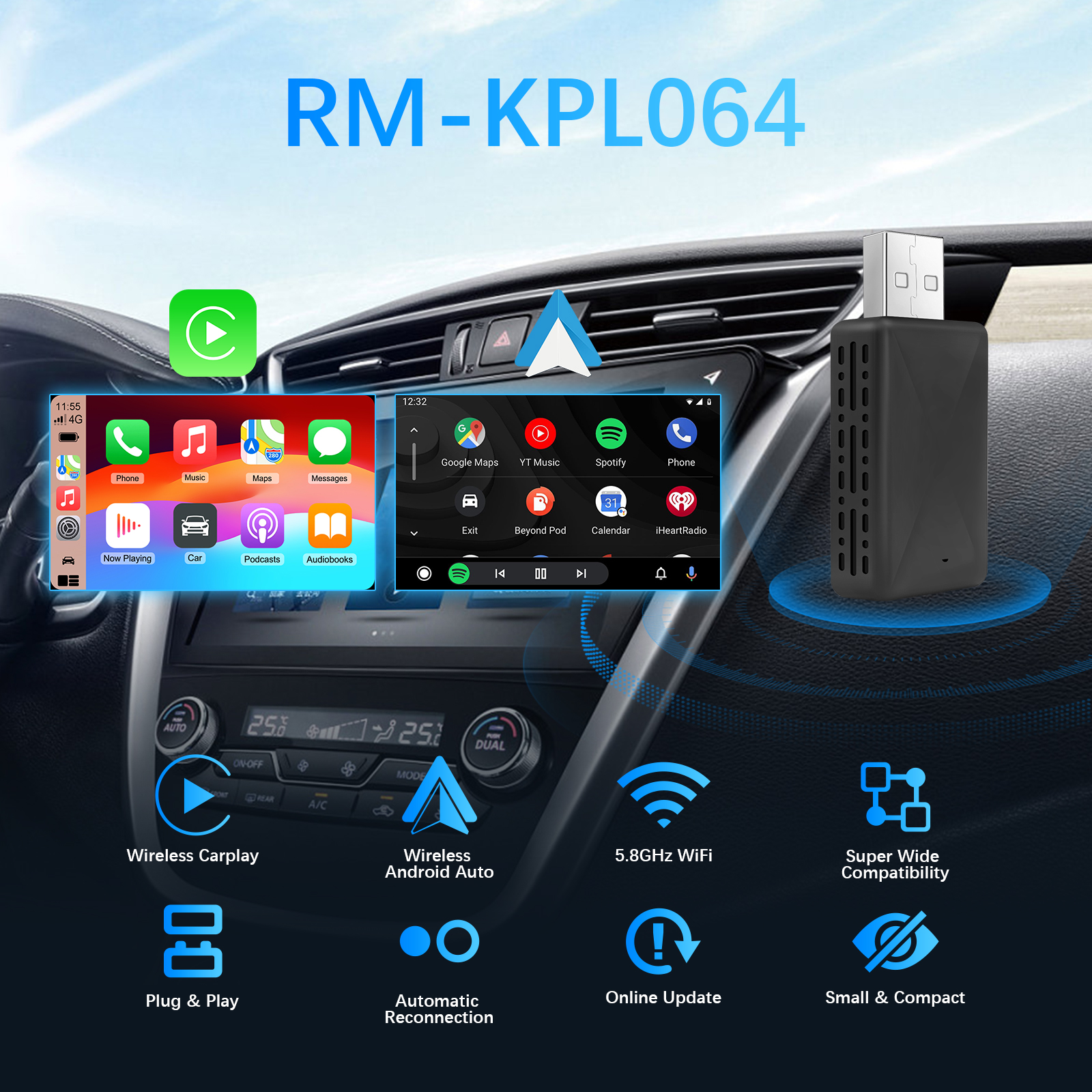 2in1 ワイヤレス CarPlay Android Auto アダプター、ほぼすべての種類の工場有線車用、プラグアンドプレイ スマート USB ドングル ミニボックス