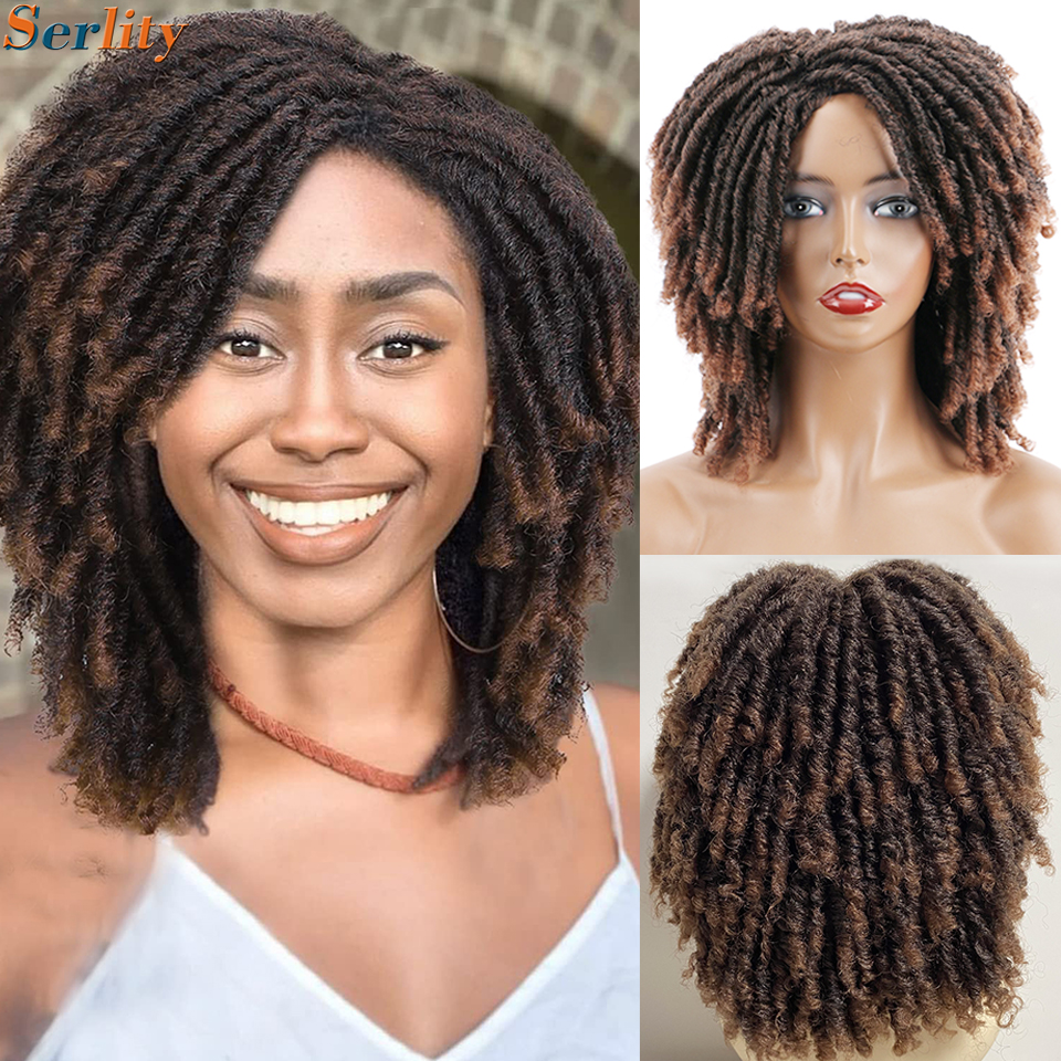 ショート ドレッドヘアウィッグ オンブル ブラウン ブロンド グレー バグ カラー アフロ カーリー 合成編組ツイストウィッグ デイリー パーティー コスプレ 交換用ウィッグ