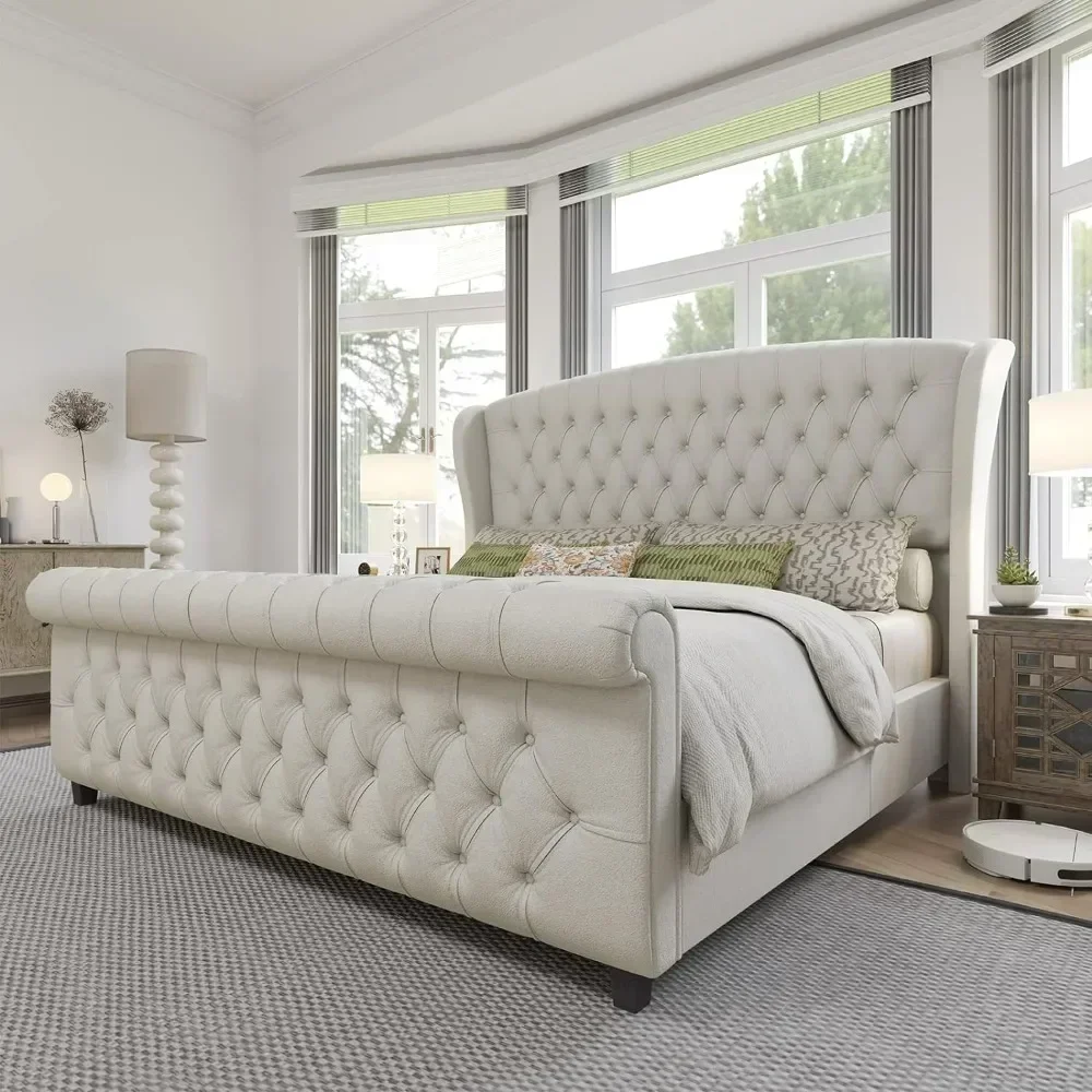 ##For King Size Bed Frame, Chenille Upholstered Sleigh Beds with Scroll Wingback Headboard & Footboard/ButtonKing Size Bed Frame