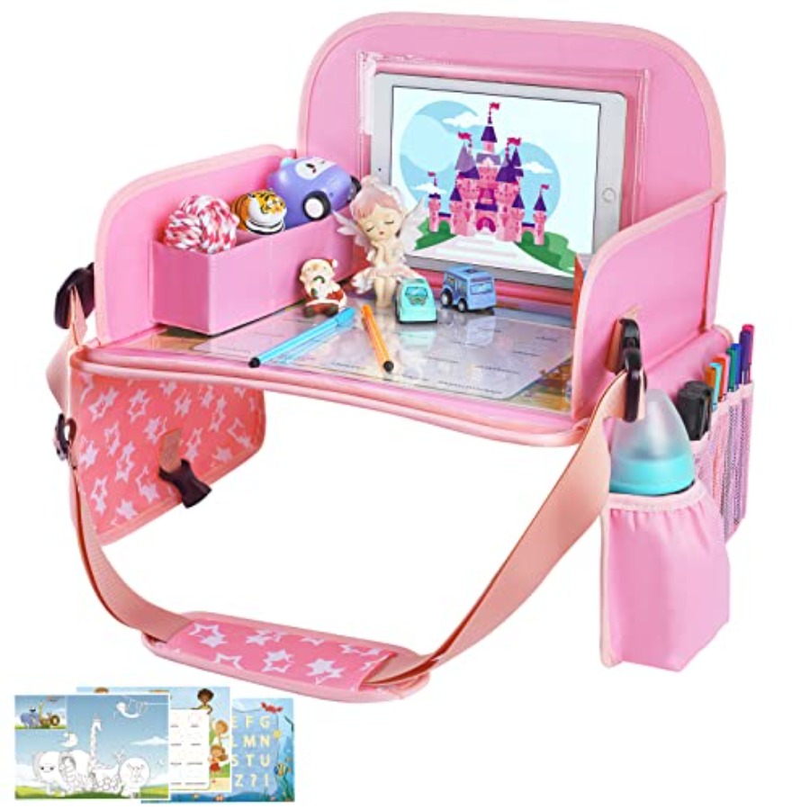 幼児用カーシート用トラベルトレイ、iPadホルダースタンドとドライイレースボード付きロードトリップアクティビティ、ロードトリップ必需品Acc