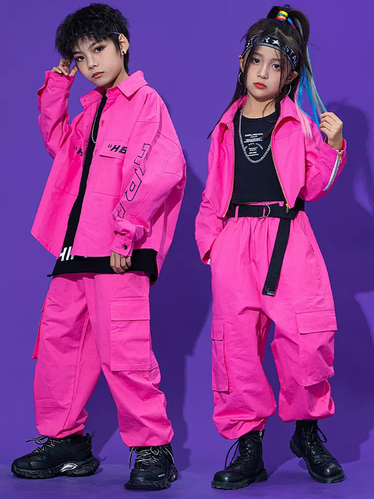 ピンクヒップホップダンスの服子供のための Kpop 衣装ツーリングコートカーゴパンツ女の子コンサートグループヒップホップパフォーマンス衣装 BL9485