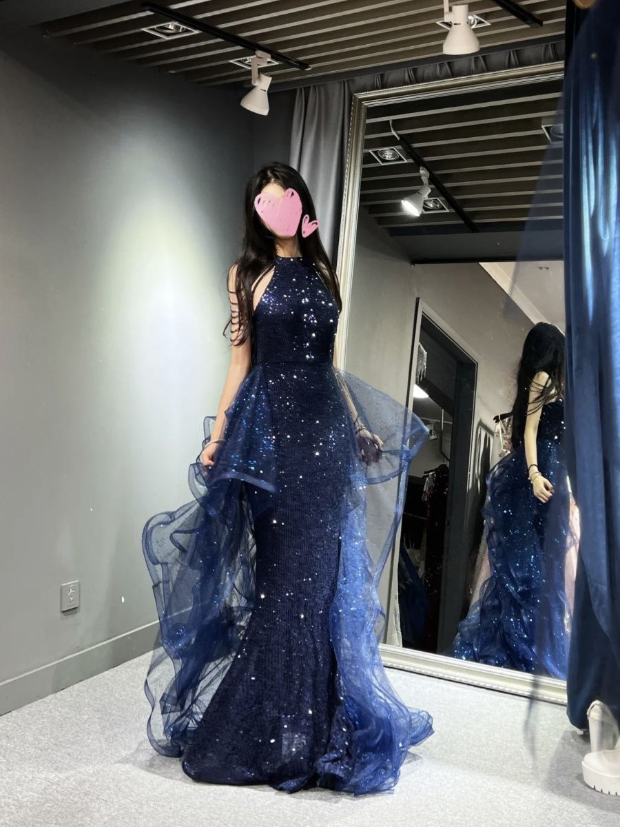 新しいスパンコール付きロイヤルブルーレディーガール女性プリンセスプロム宴会パーティーボールドレスパフォーマンスガウン