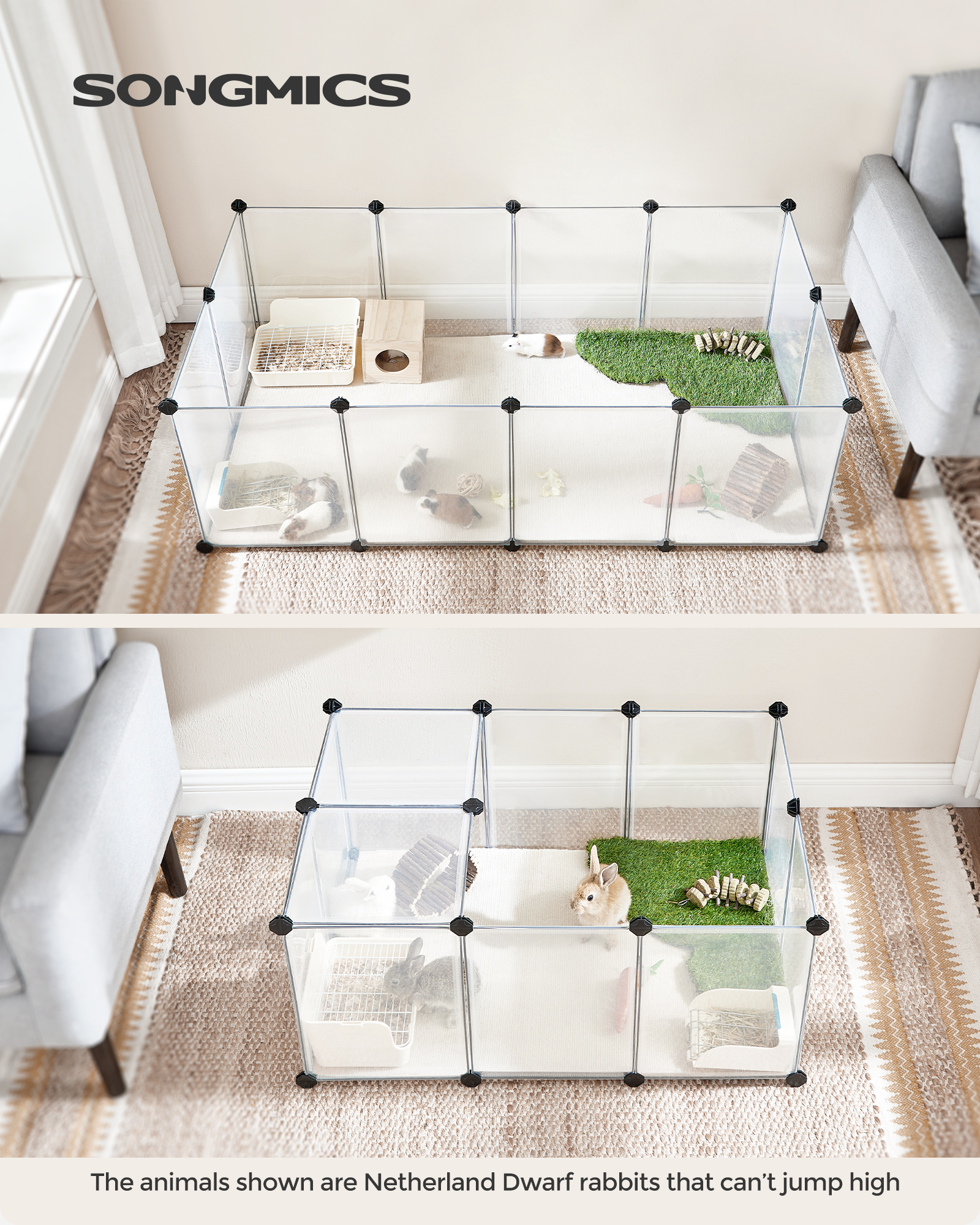 SONGMICS ペットベビーサークル 床付き 小動物用柵 屋内用 DIY プラスチックエンクロージャ ハムスター、ウサギ、ハリネズミ、フェル用