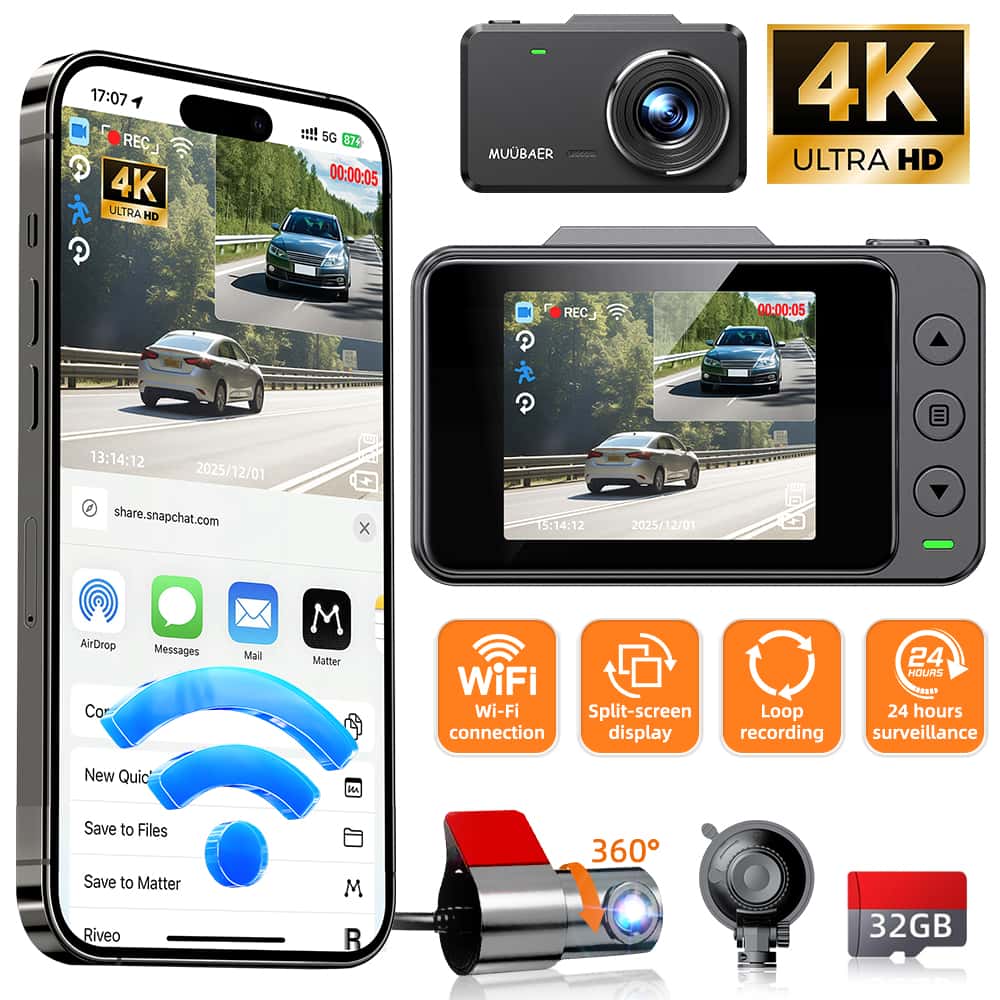 ダッシュカム、2チャンネルダッシュカム、2インチ画面、4Kフロント1080Pリアカメラ、ナイトビジョン、内蔵WiFi、24台駐車モニター