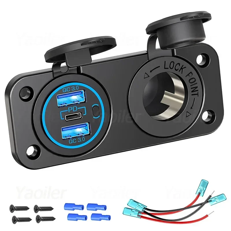 12 V シガーライターソケット防水デュアル QC3.0 と PD 20 ワット USB コンセントパネル車ボートマリン電源ソケット充電器ソケット
