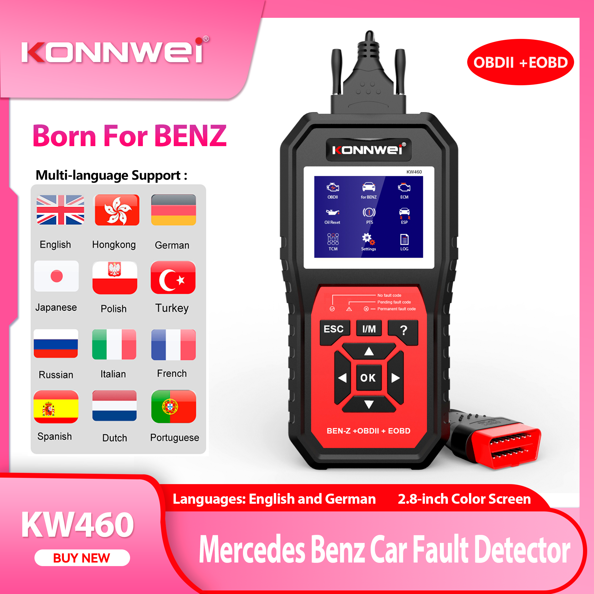 2026 KONNWEI KW460 車 Obd2 スキャナーメルセデスベンツ ABS エアバッグオイル ABS EPB DPF SRS TPMS リセットフルシステム診断ツール W212