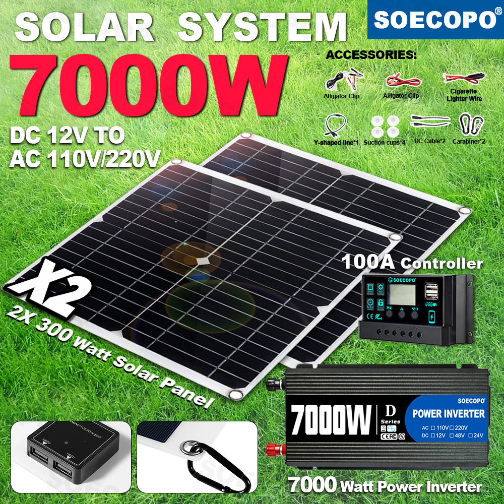 7000W ポータブル太陽光発電キット 600W 高効率パネル 100A コントローラー 12V ～ 110V/220V インバーター RV キャンプに最適