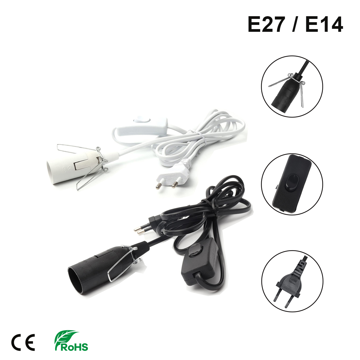 1.8m 電源コードケーブルワイヤー 303 スイッチメタルクリップ付き E14 E27 ソケットランプベース Hanglamp ホルダー EU プラグコード ソルトランプ用