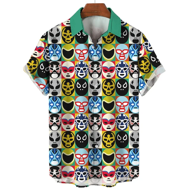 ヴィンテージメンズシャツ 3d メキシカンレスリングプリントシャツ半袖カジュアルカーディガン服男性の夏トップスラペルブラウス