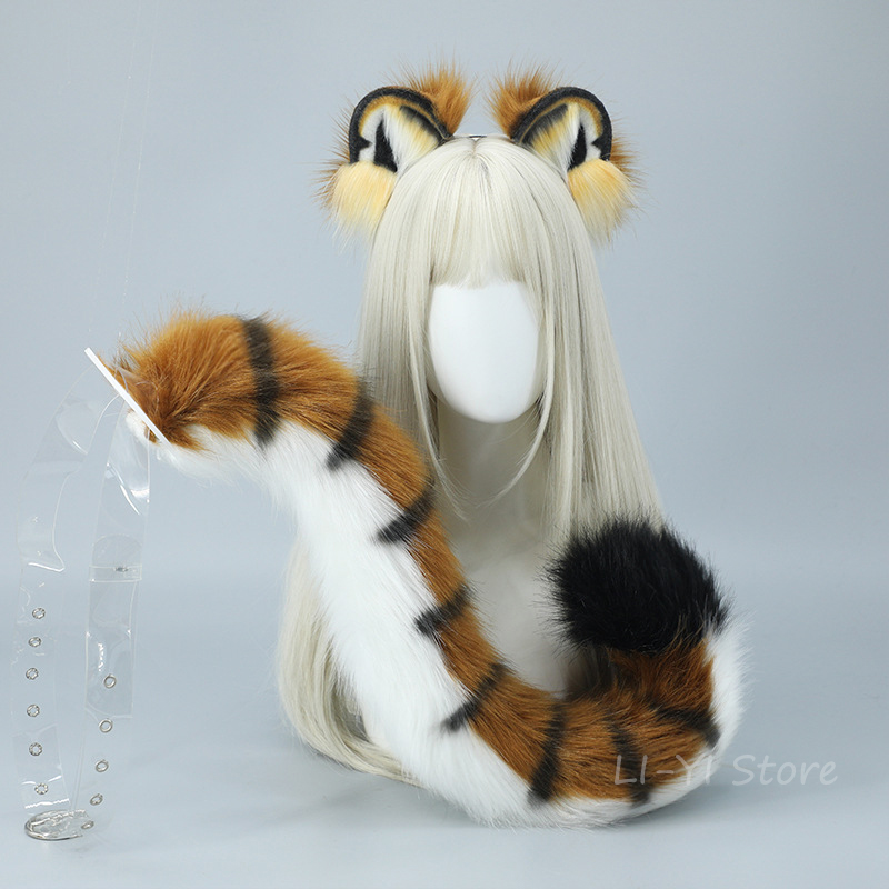 2 ピース/セット毛皮のような虎の耳の尻尾動物の耳カチューシャぬいぐるみかわいい尻尾手作りコミコンパーティー獣コスプレドレスアップアクセサリー
