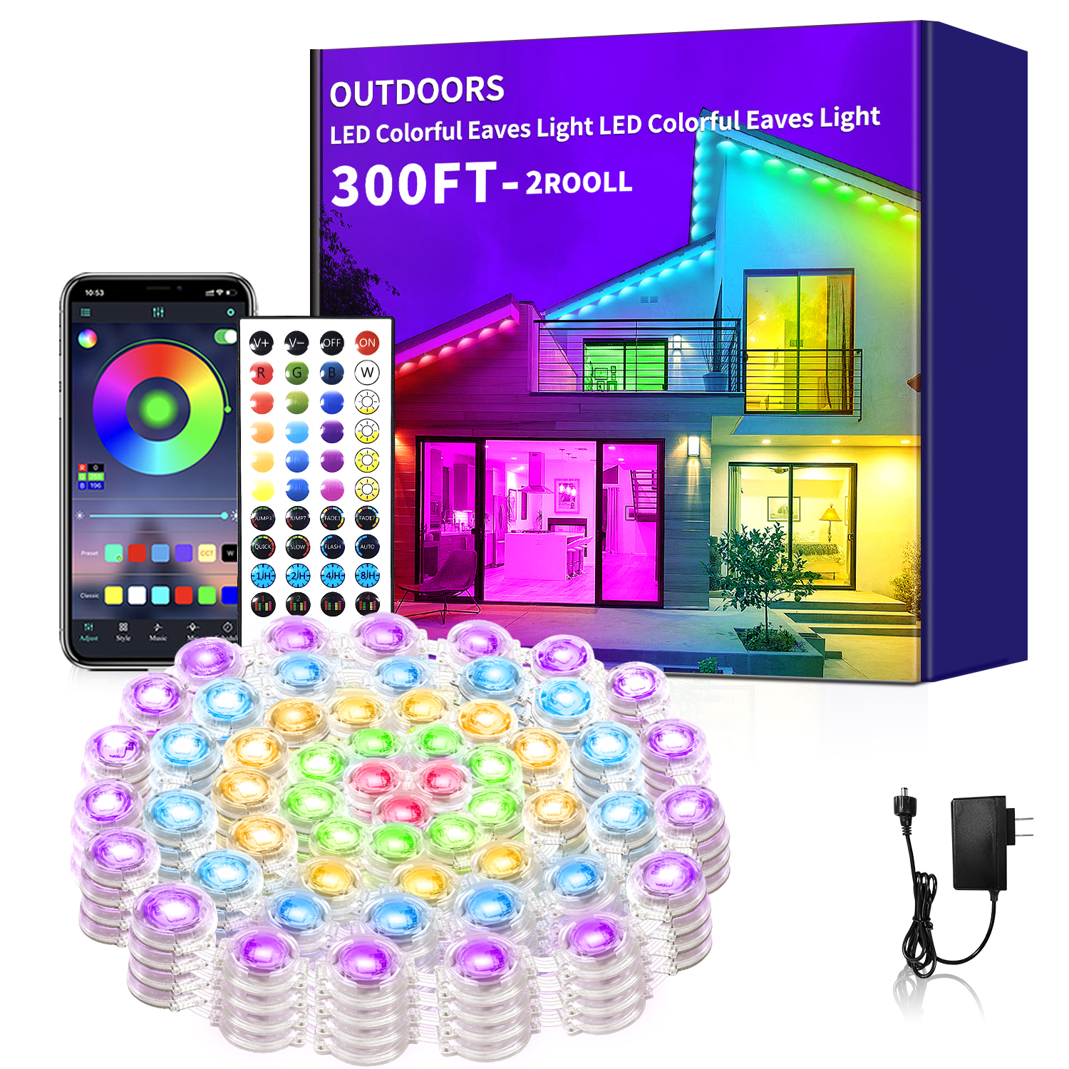 300フィート常設屋外ライト、アプリ制御リモコン付きRGB軒ライト、DIY IP67防水軒下照明、屋外LEDライト