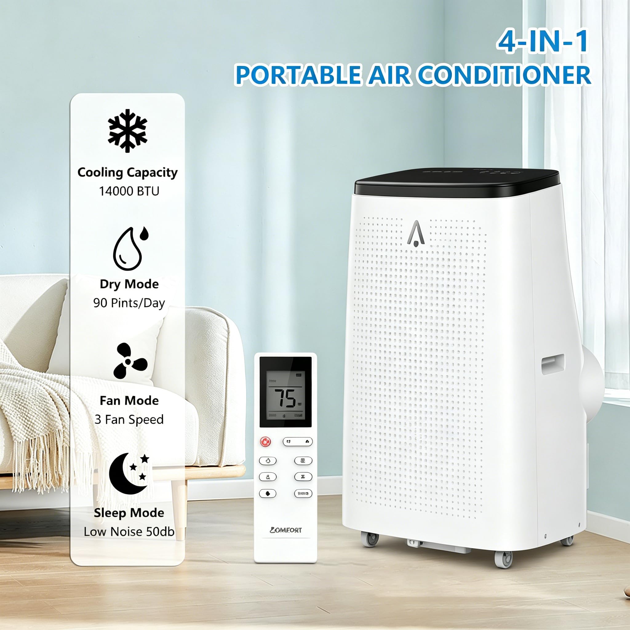 14000 BTU ポータブル エアコン、最大 750 平方フィートを冷却、除湿器内蔵 3-in-1 ポータブル AC ユニット