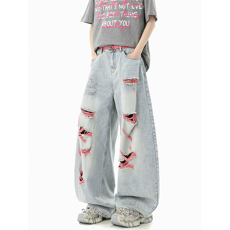 アメリカンカラーブロック穴デニムジーンズメンズ夏ハンサムハイセンスストリートストレートレッグワイドレッグパンツ変形しにくい