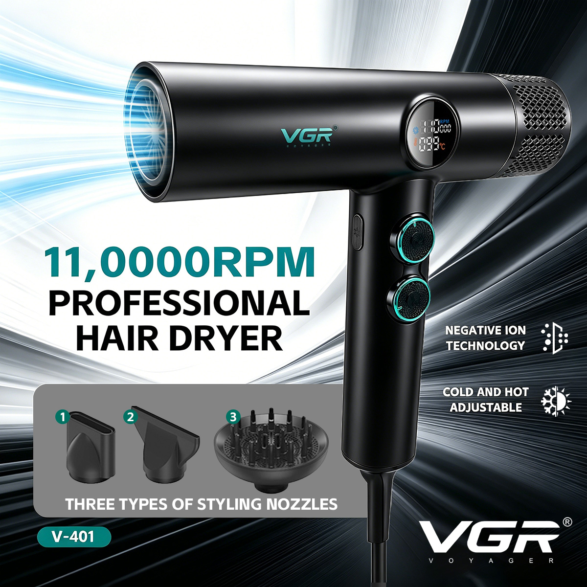 VGR ヘアドライヤープロフェッショナル温冷調整 110000 RPM ヘアドライヤーマシン強力なヘアサロン家庭用 V-401