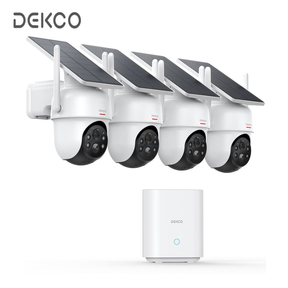 Dekco 3MP ワイヤレスソーラーカメラシステム 4 カムキット屋外 360° PTZ 監視 Wifi カメラセットには DekcoBase サポートアレックスが含まれます