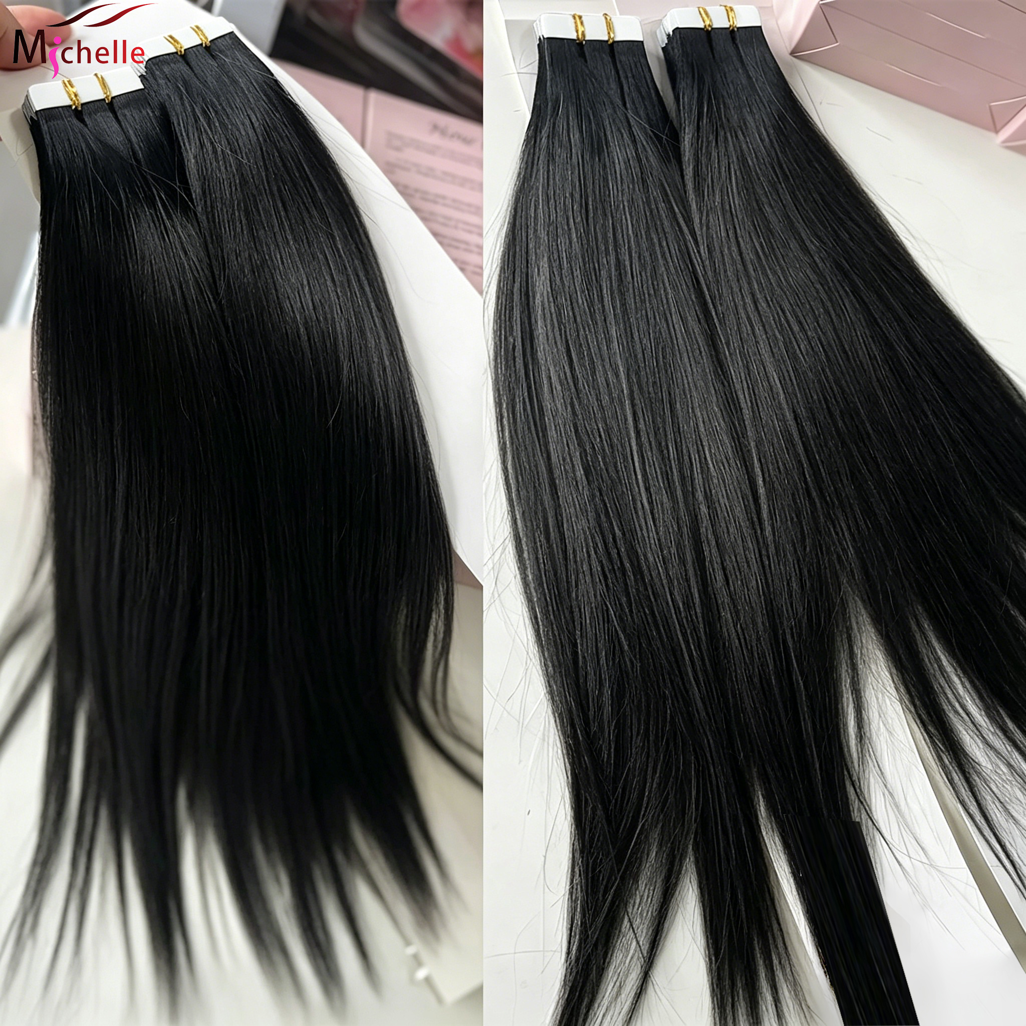 テープインヘアエクステンションストレート 100% 人毛 20 個ナチュラルブラック目に見えないシームレスナチュラルブラックテープインヘアエクステンション