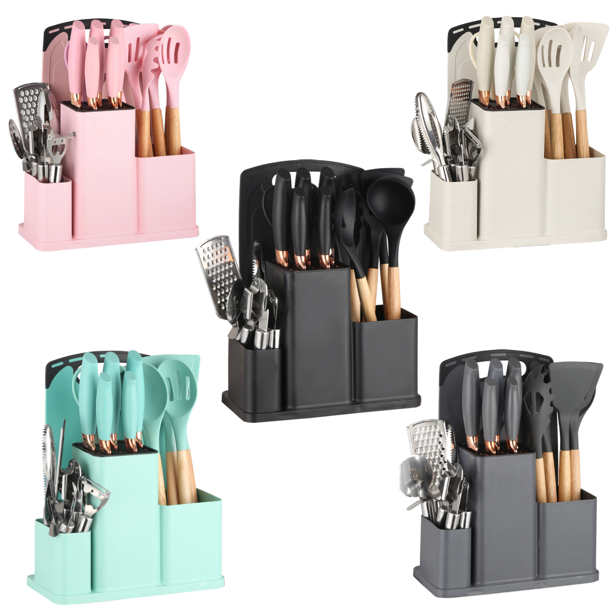 19Pcs Kitchen Utensils Set with Knife & Cutting Board, Silicone Cooking Tools with Storage Holder