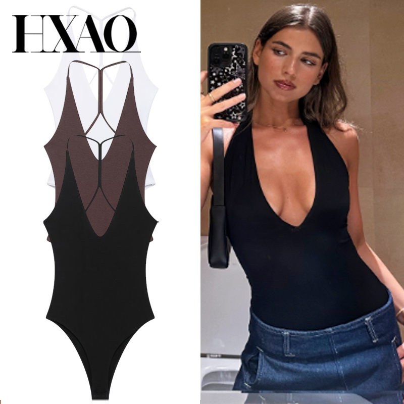 HXAO ホルターコルセットボディスーツ女性黒茶色白ボディスーツボディセクシーな女性痩身背中の開いたトップシックなランジェリー Tバックボディスーツ