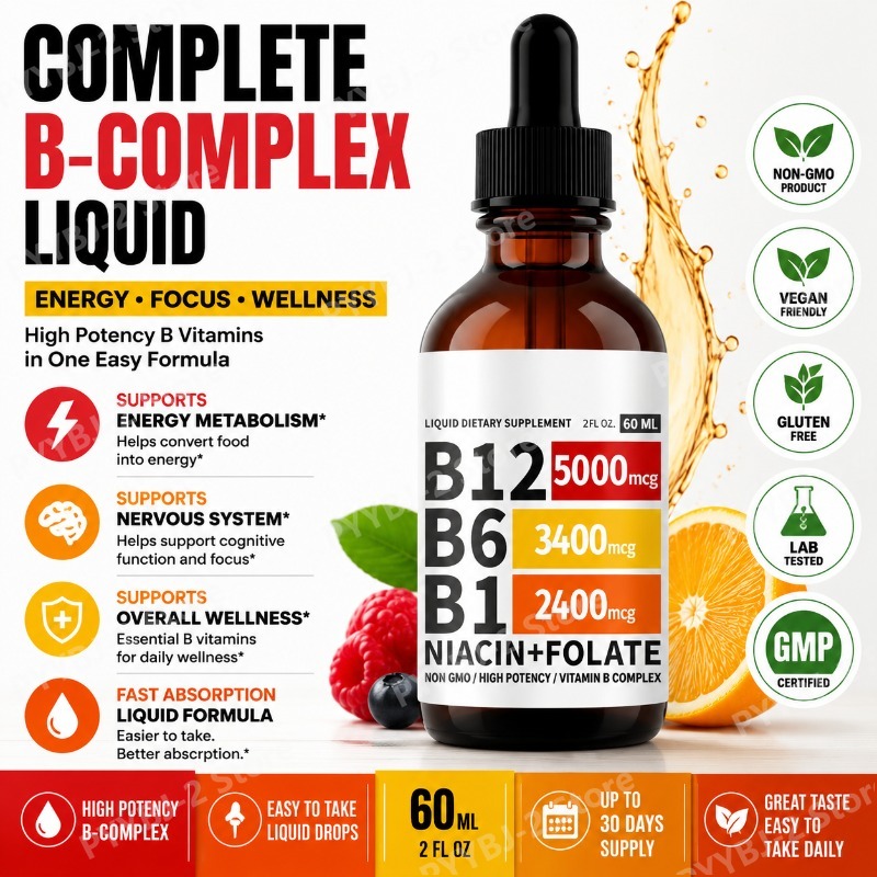 ビタミン B12 リキッド ドロップ 60 ml ラズベリー風味、ビタミン B6 B1 などマルチビタミン サポート エネルギー回復