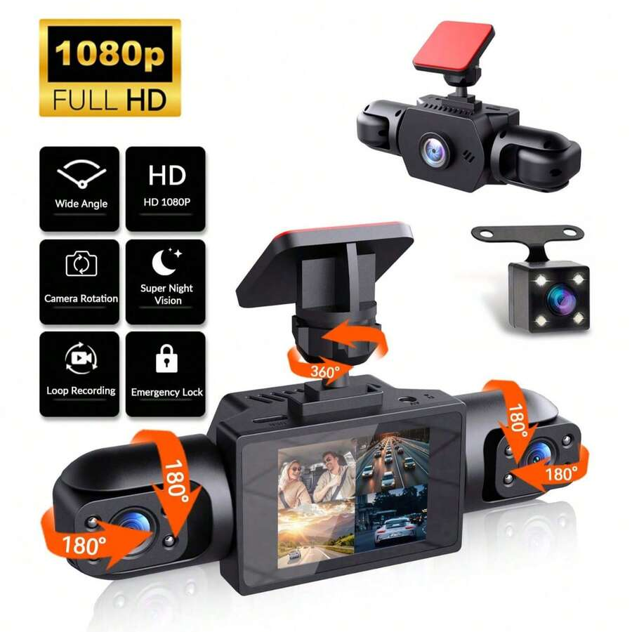4チャンネル360°パノラマダッシュカム、4台の内蔵カメラ、2インチIPSディスプレイ、広角ナイトビジョン、ループ録画、150mAhバッテリー