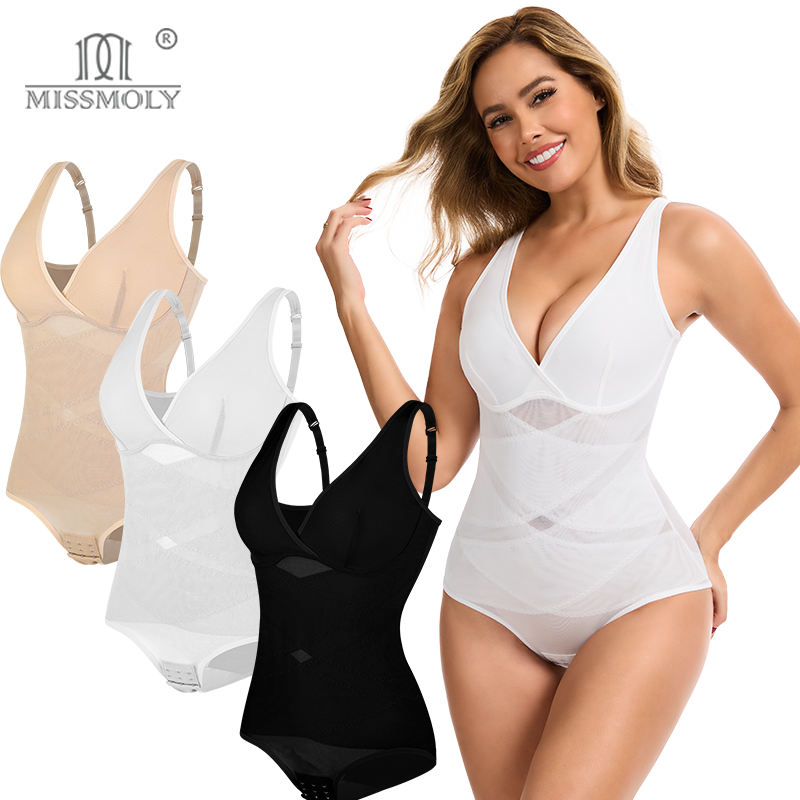 Miss Moly 女性のハイストレッチボディスーツシェイプウェアボディスーツセクシーなクロスメッシュ下着おなかコントロール痩身フルボディシェイパー