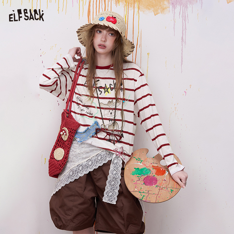 ELFSACK ヴィンテージストライプグラフィック Tシャツ、レインボープリントデニムパッチトップ、女性用カジュアル長袖 Tシャツ