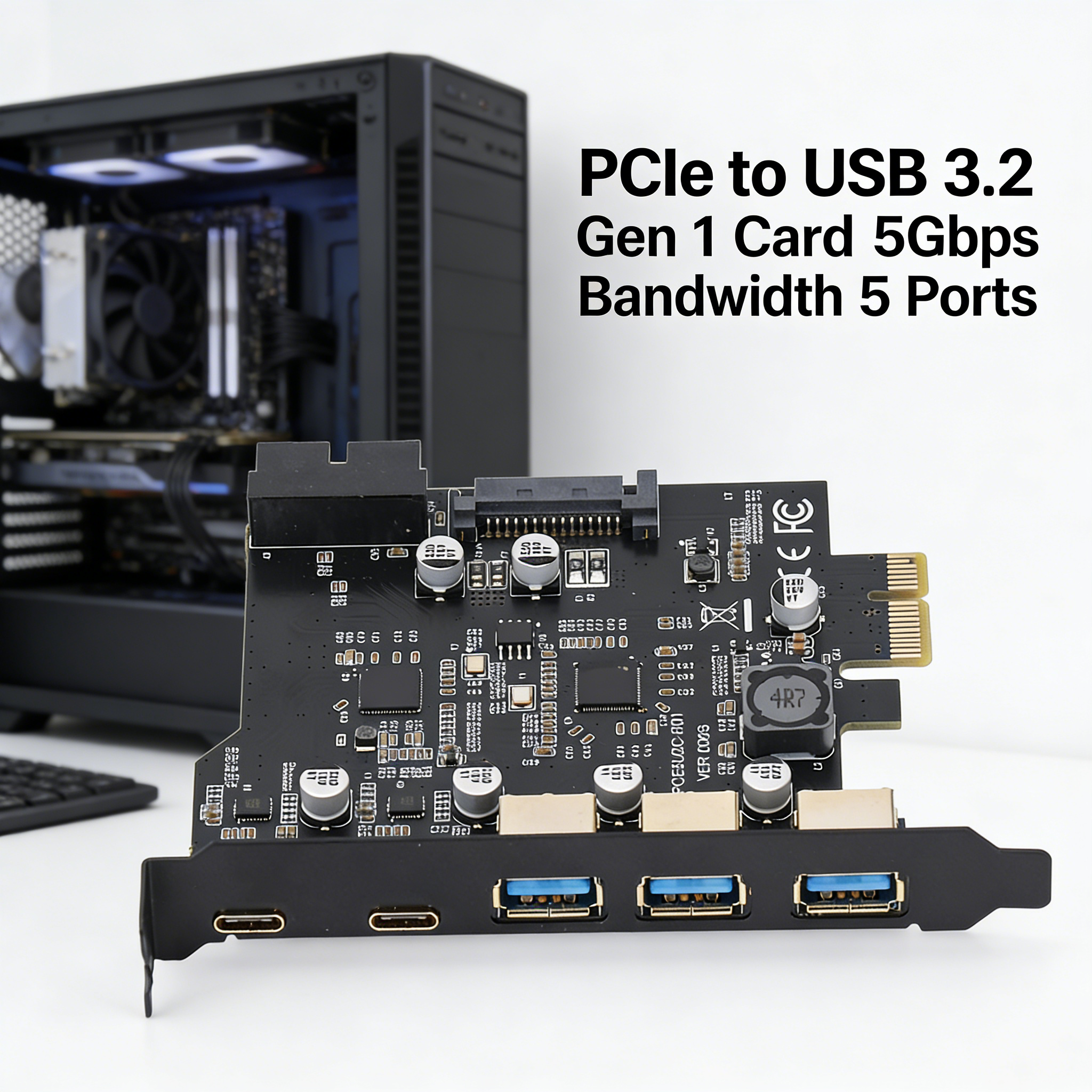 PCIe - USB 3.2カード（USB Type-C×2、USB Type-A×3）簡単インストールPCIe拡張カード5ポート（WindowsデスクトップPC用）